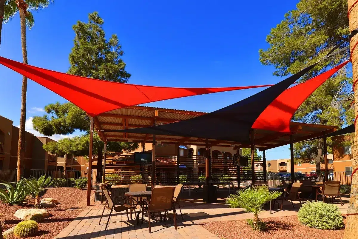 Custom shade sails integrated with an outdoor courtyard at College Town