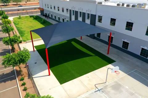 Overhead view of a dark canopy and rectangular lawn.